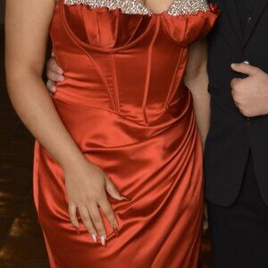 Red Satin Corset Evening Gown – Rhinestone Bust